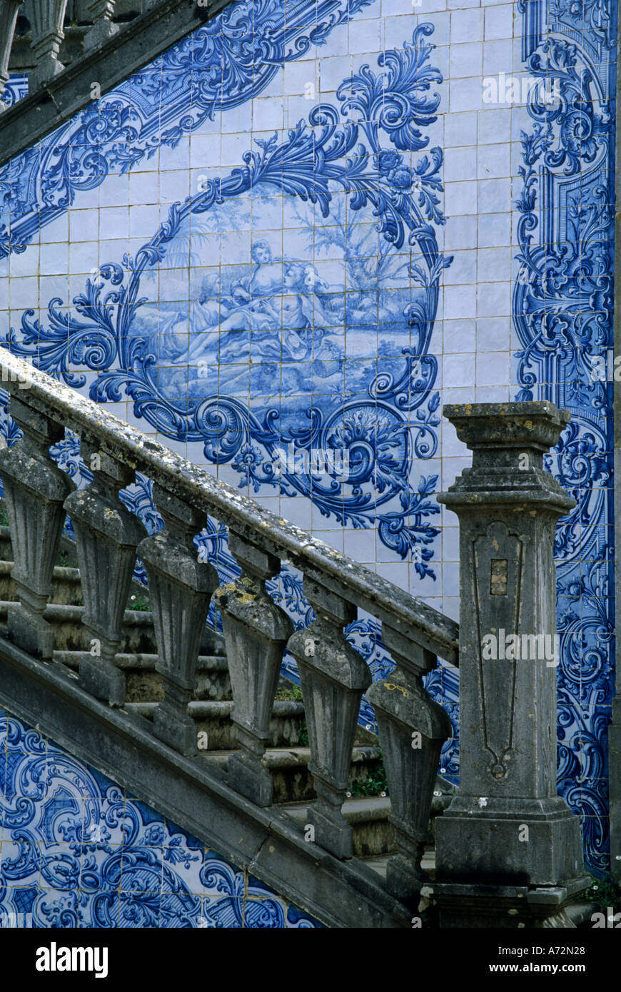 Portugal, Algarve, Cacela Velha. Palacio de Estoi, 19th c. Rococo Palace, azulejo tiles and stone stairs Stock Photo