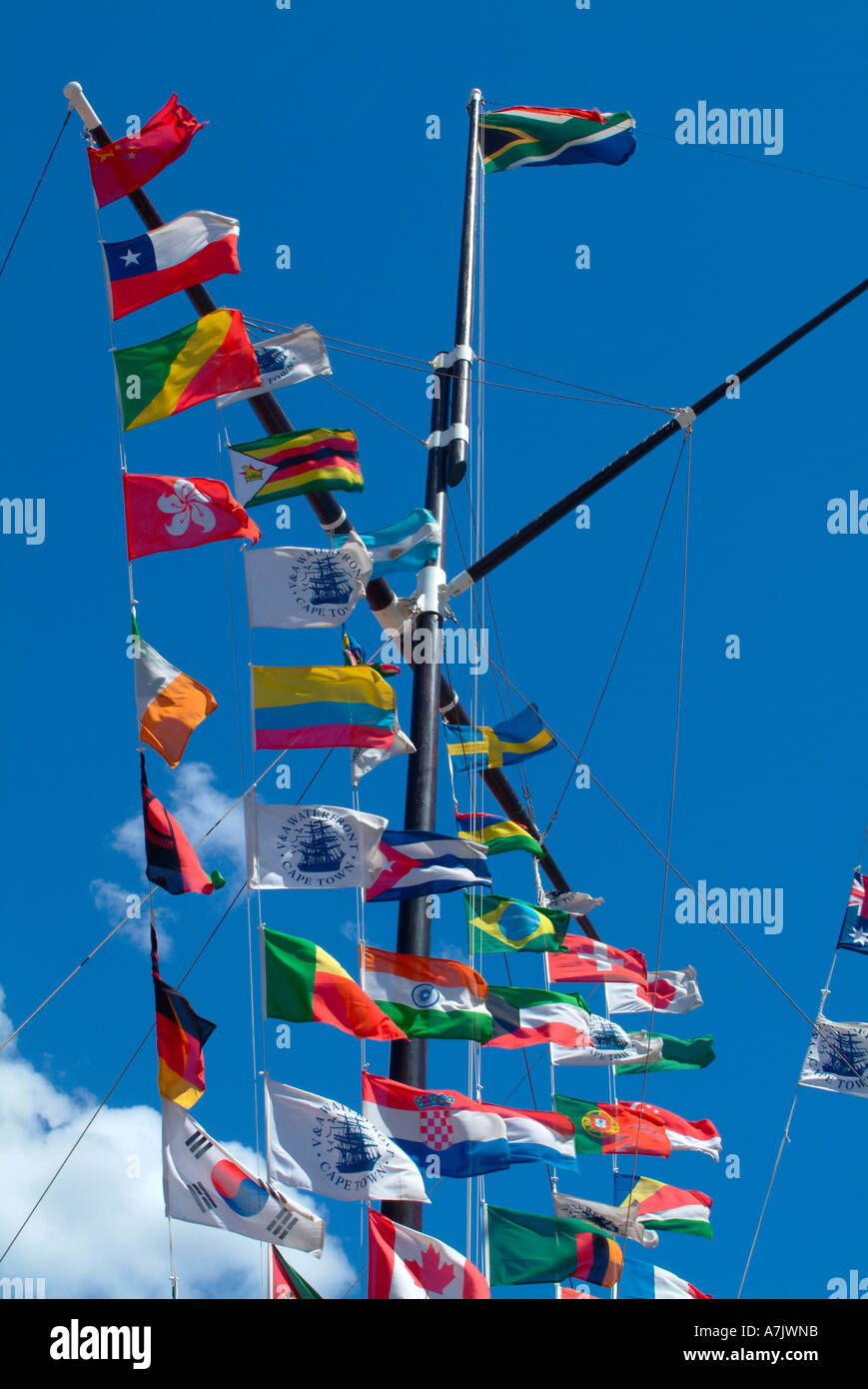 Flags Flying High on Yardarm at V & A Waterfront Cape Town South Africa Stock Photo