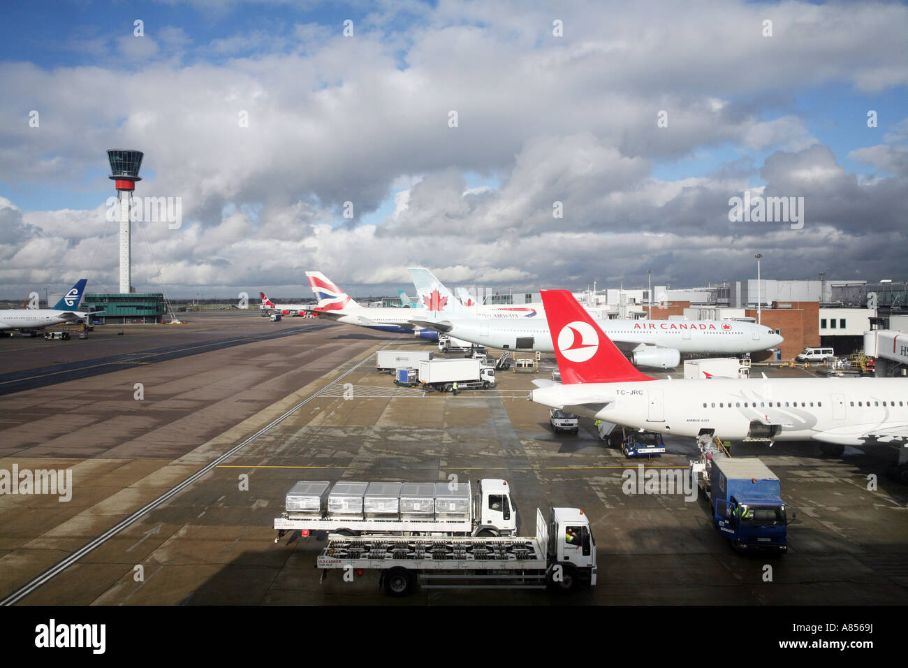 Aeroplanes seen from the Virgin lounge at Heathrow Airport. Stock Photo