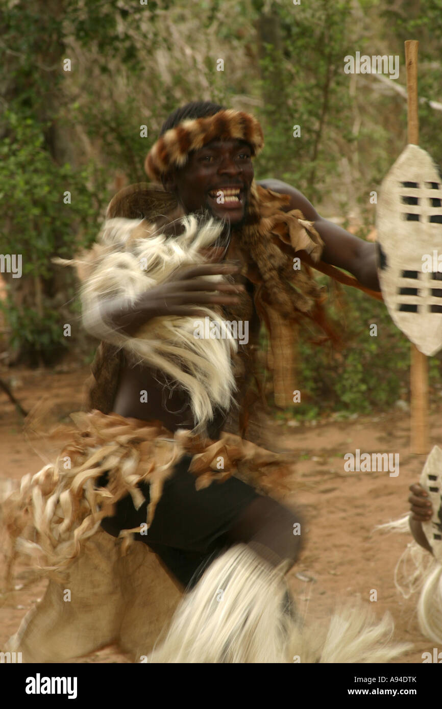 A male Tonga dancer dressed in animal skin garb in action Maputaland Kwazulu Natal South Africa Stock Photo