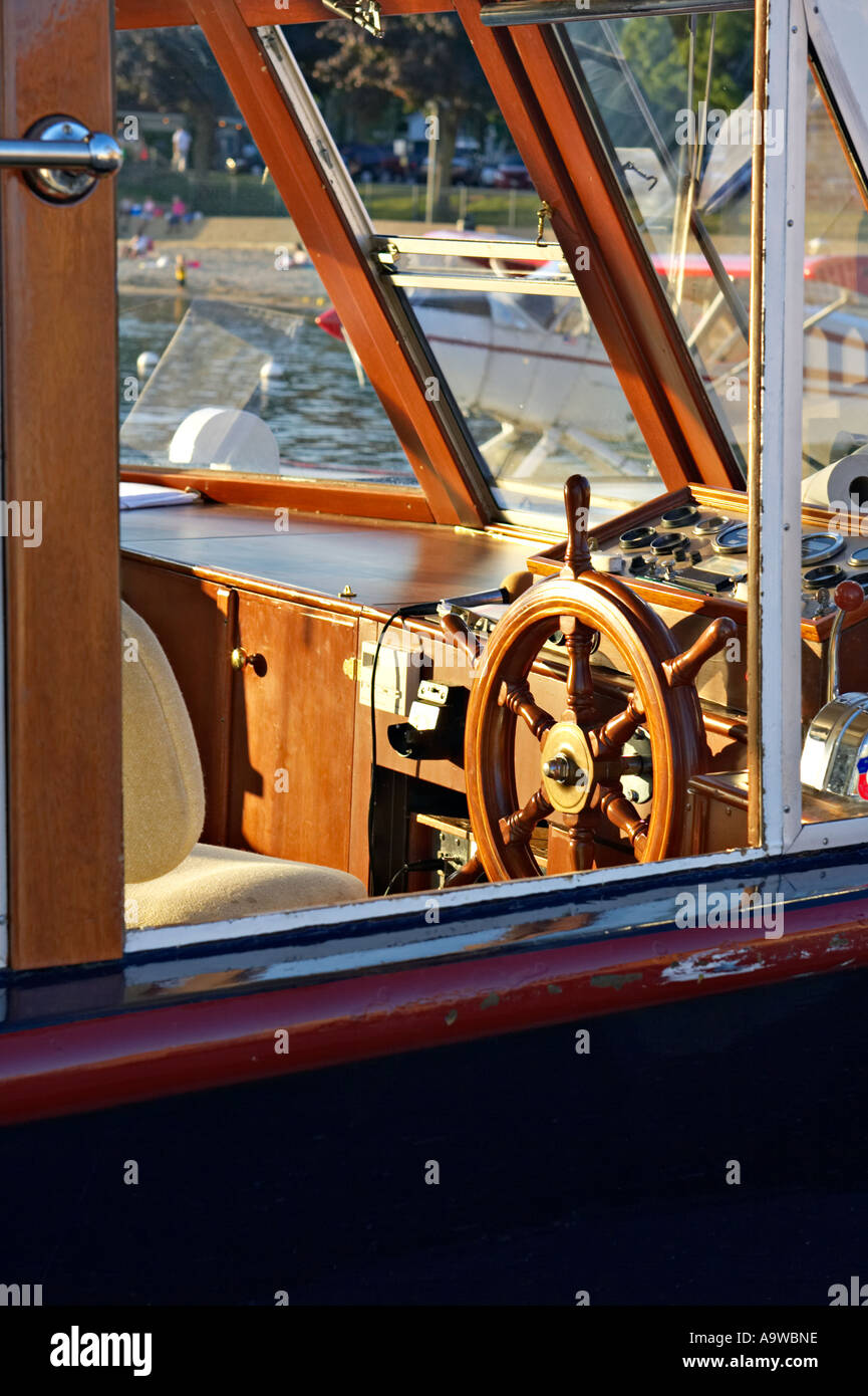 WISCONSIN Lake Geneva Wheelhouse of old fashioned boat for tours on lake Stock Photo