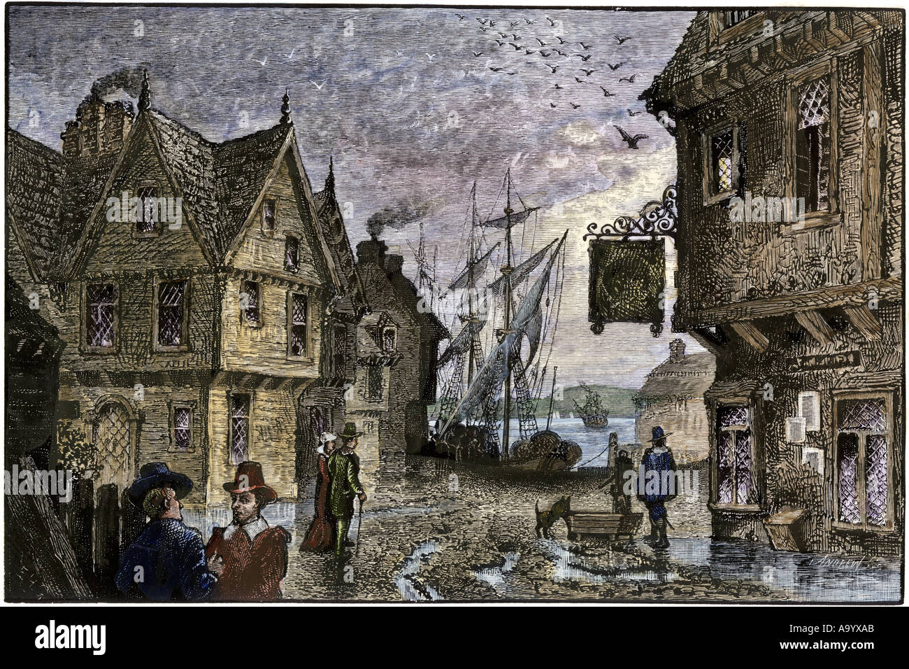 Boston Massachusetts in the 1660s. Hand-colored woodcut Stock Photo