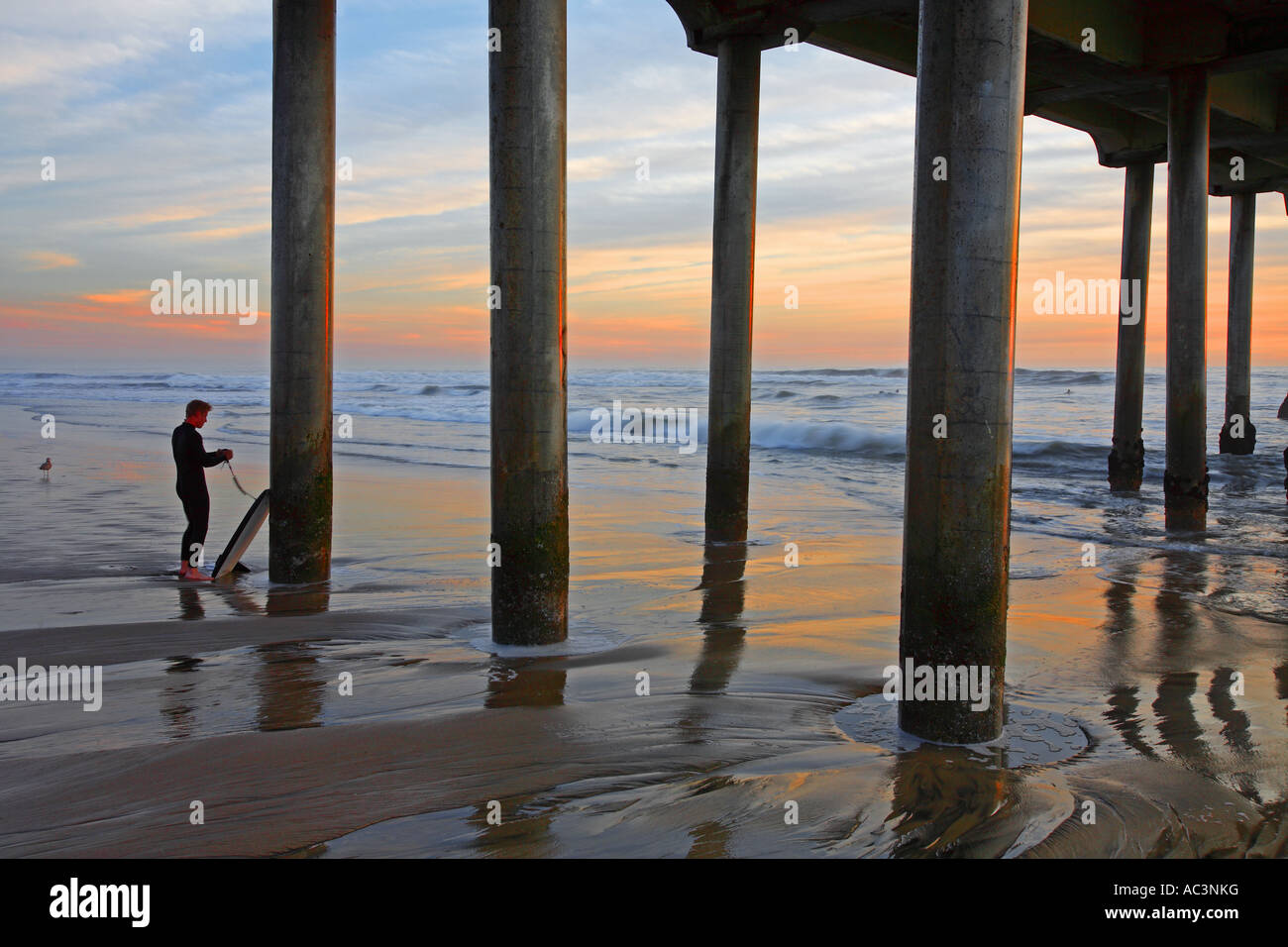 Body Boarder Under the Hunington Beach Pier Hunington Beach Orange County California United States MR Stock Photo