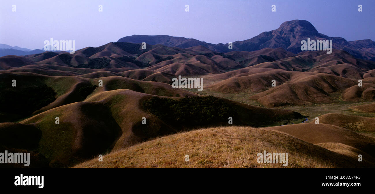 ROLLING GRASSLANDS WITH THE MAJESTIC ANAMUDI PEAK TOWERING OVER THE LAND, ERAVIKULAM NATIONAL PARK Stock Photo