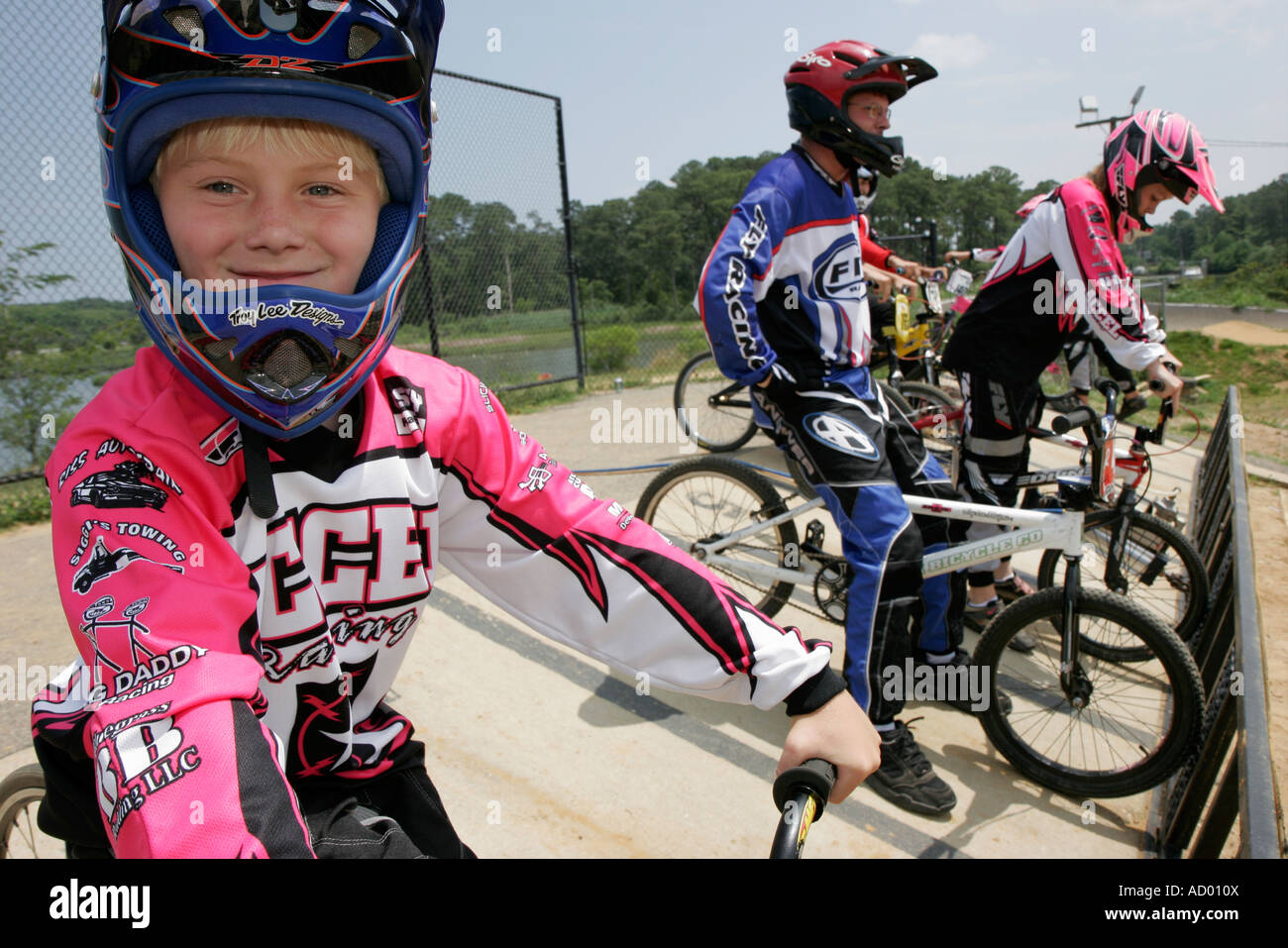 Virginia Hampton,Gosnold's Hope Park,Hampton Super Track,BMX bicycle,bicycling,riding,biking,rider,bike racing,helmet,uniform,starting gate,VA07061604 Stock Photo