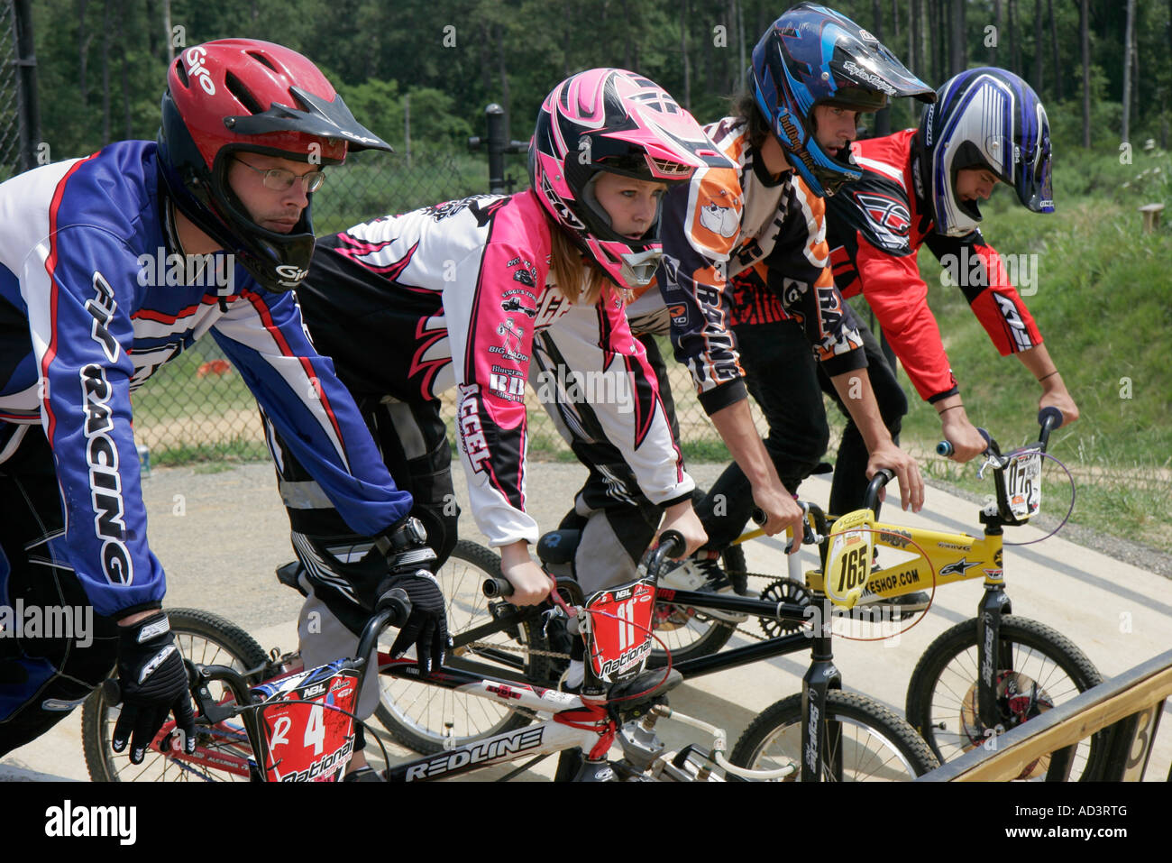 Virginia Hampton,Gosnold's Hope Park,Hampton Super Track,BMX bicycle,bicycling,riding,biking,rider,bike racing,helmet,uniform,starting gate,VA07061604 Stock Photo