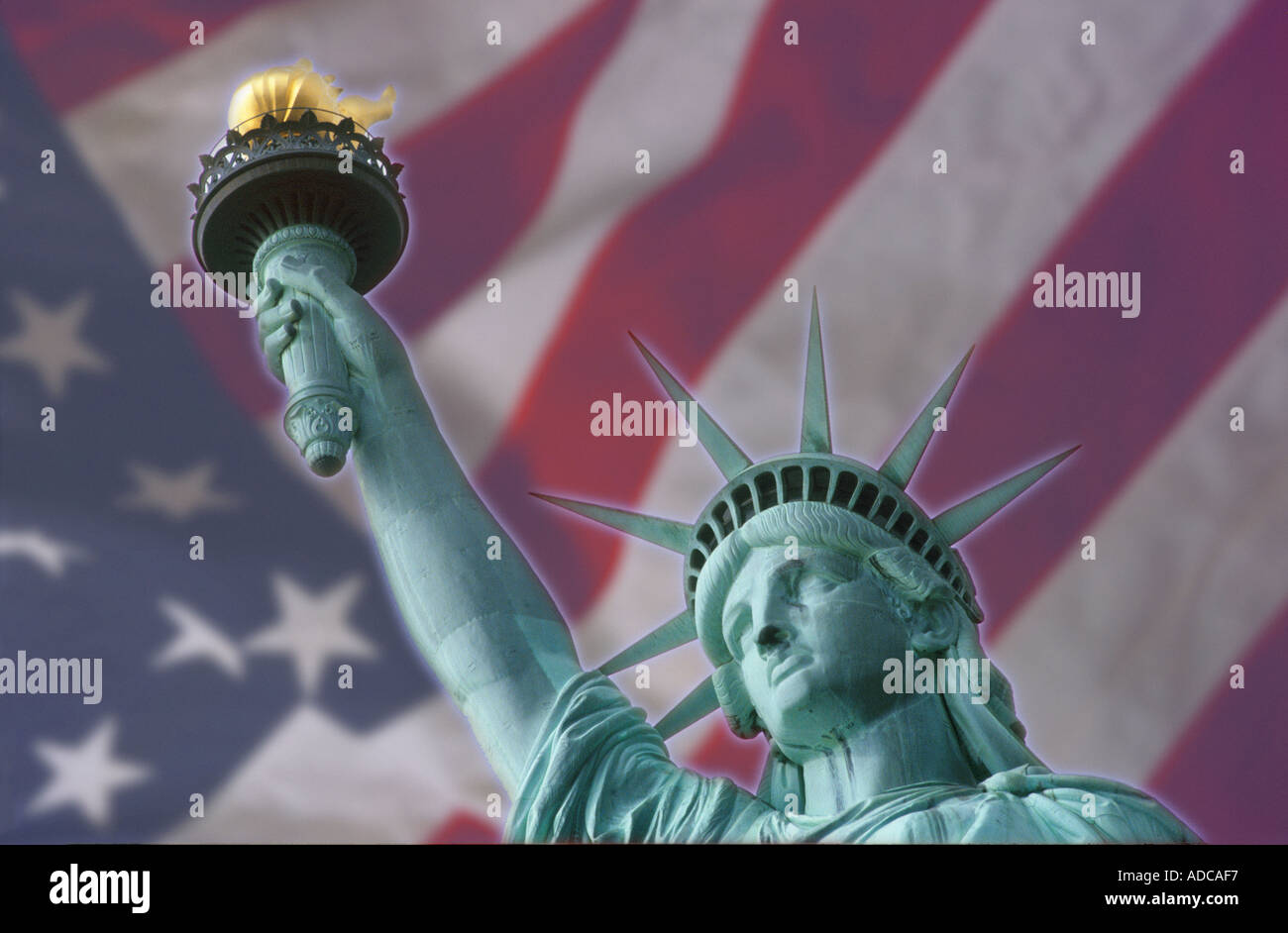 Statue of Liberty & American Flag, New York, NY USA Stock Photo