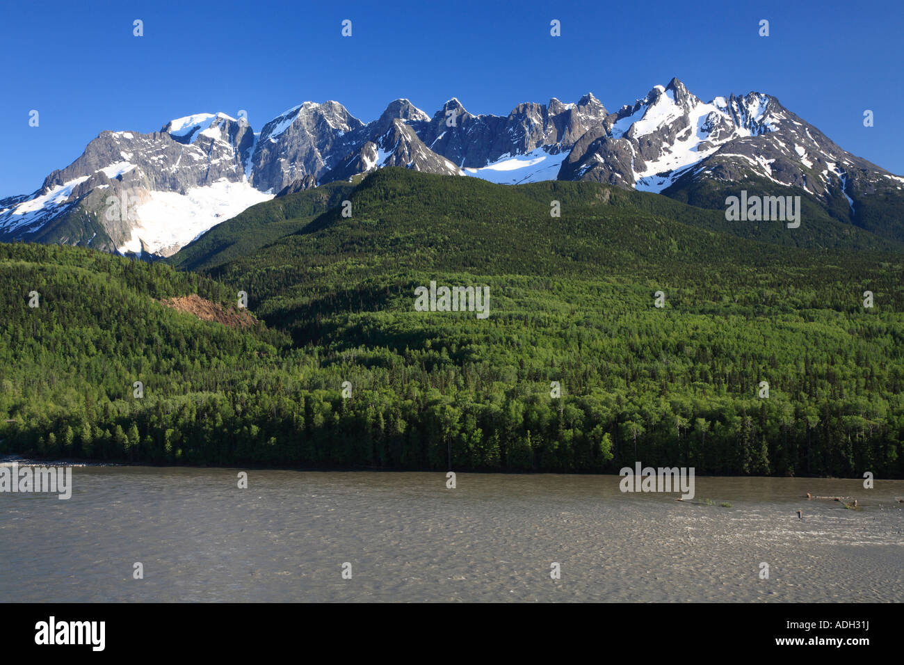 The Seven Sisters Mountain range and the Skeena river near Kitwanga British Columbia Stock Photo