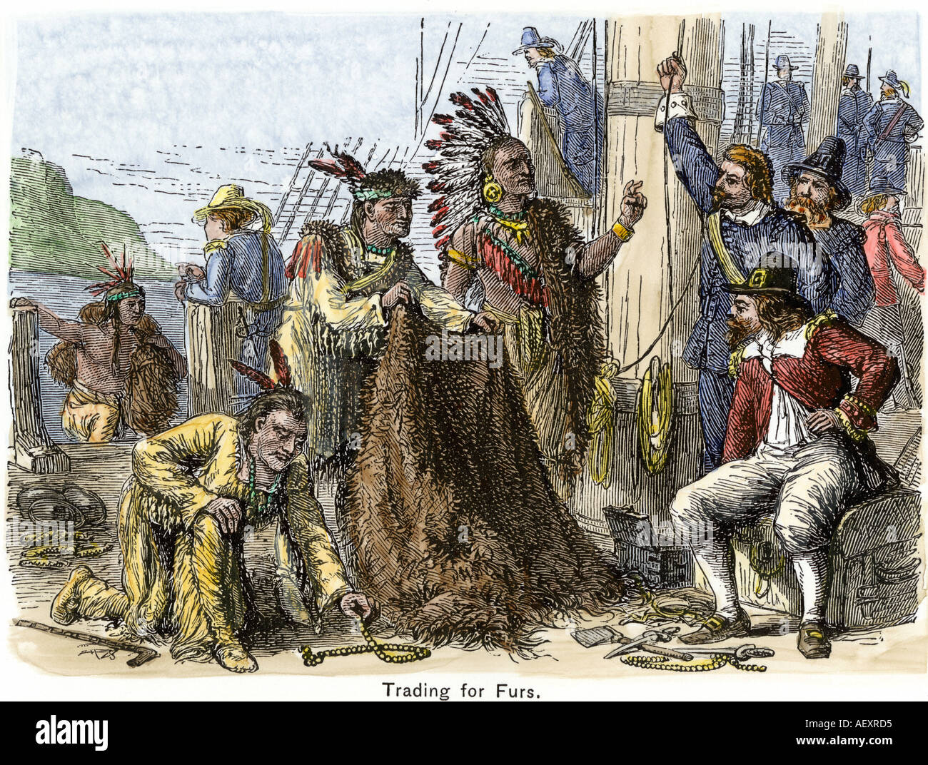 Native Americans aboard ship to trade fur to Europeans 1600s. Hand-colored woodcut Stock Photo