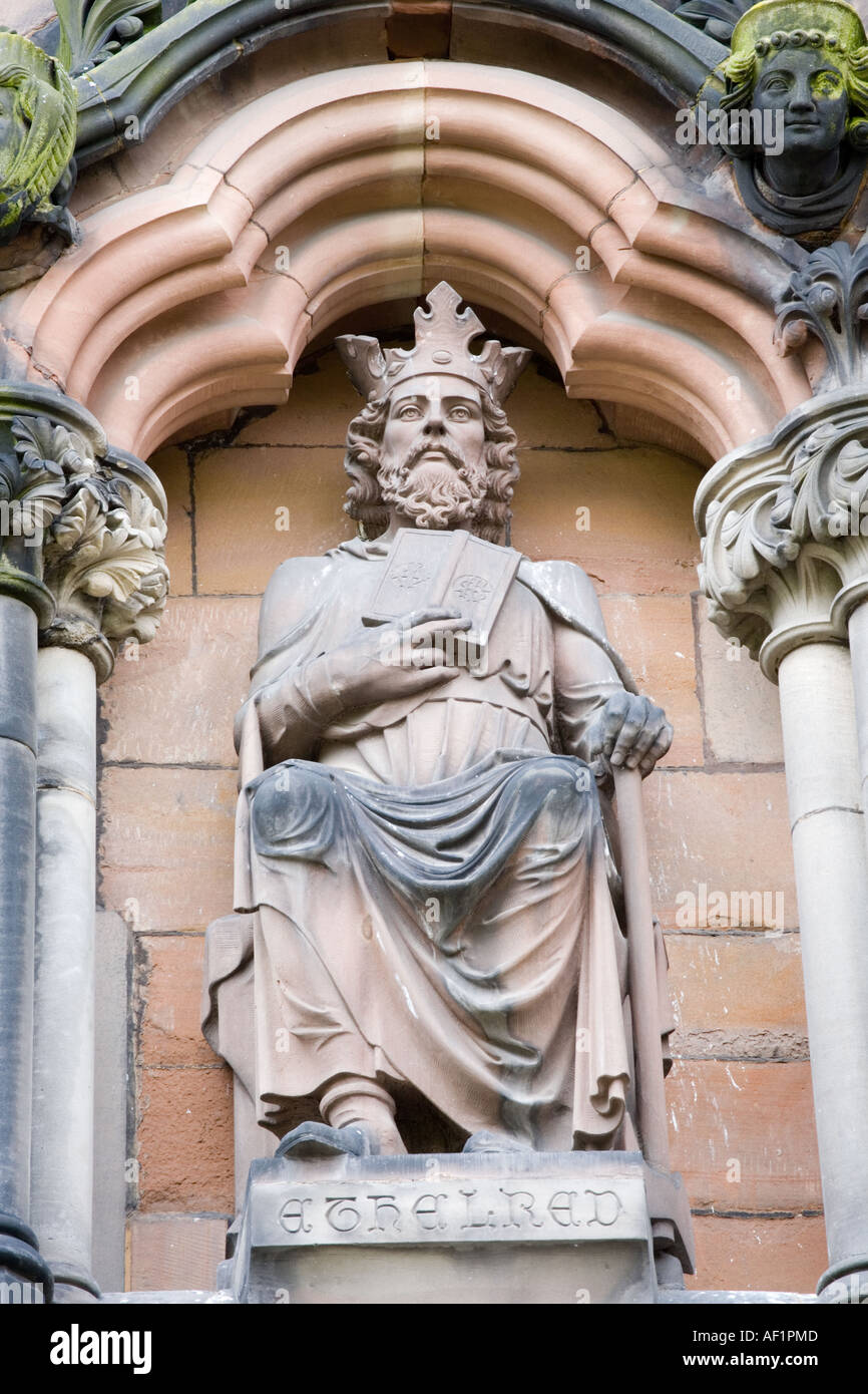 Statue of King Ethelred on the west front of Lichfield Cathedral, Staffordshire UK Stock Photo