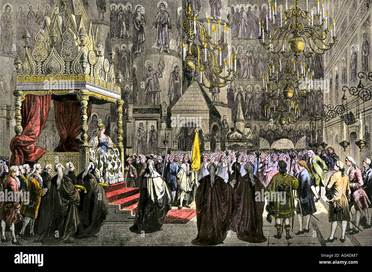 Coronation of Catherine the Great as Empress of Russia 1762. Hand-colored woodcut Stock Photo