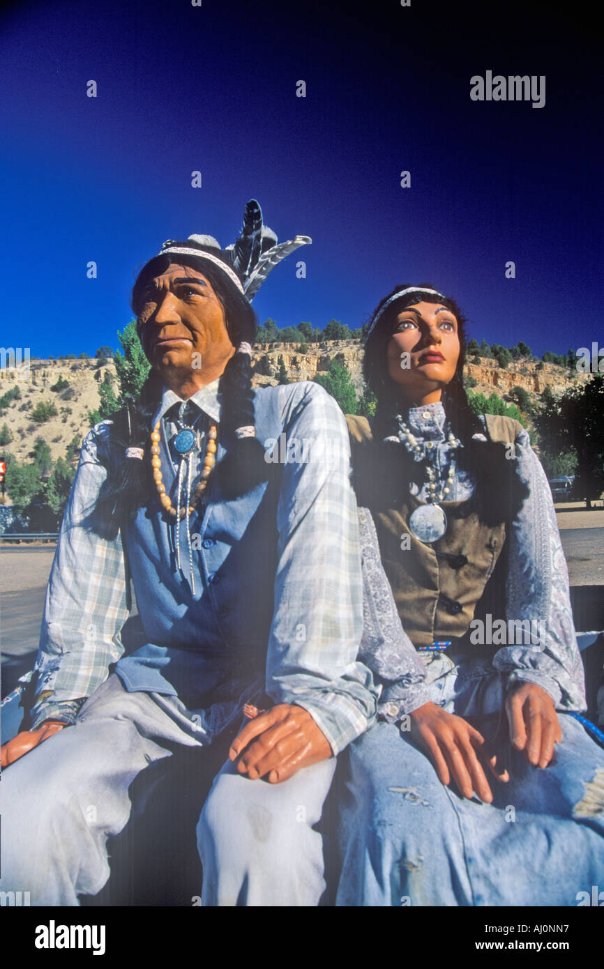 Statue of Native American couple in native garb East Zion UT Stock Photo