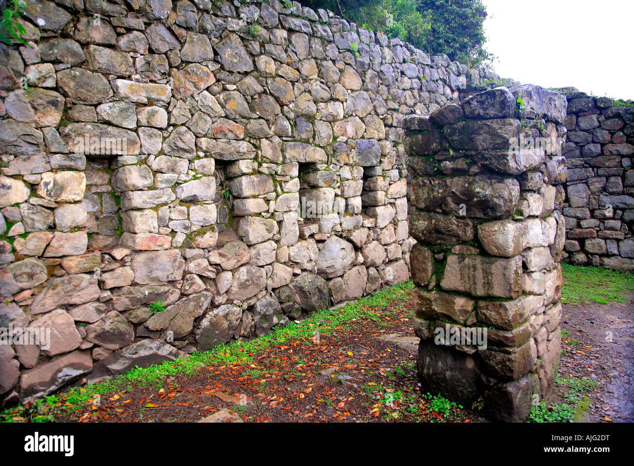 Misty ruins on the Inca trail Vilcabamba mountain range UNESCO World Heritage Site Machu Picchu Peru Andes South America Stock Photo