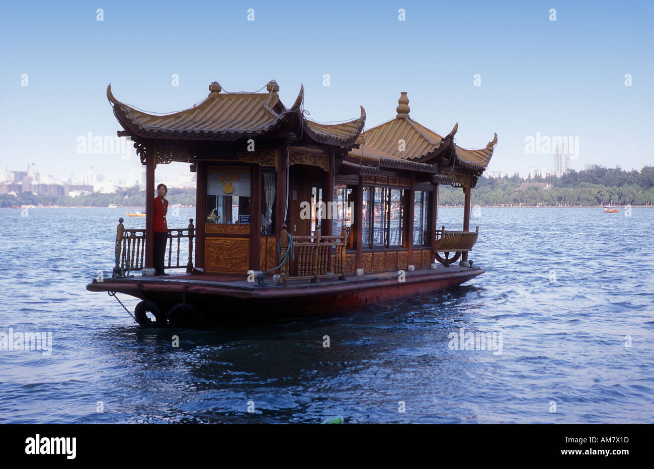 Old fashioned style ferry on West Lake at Hangzhou Stock Photo