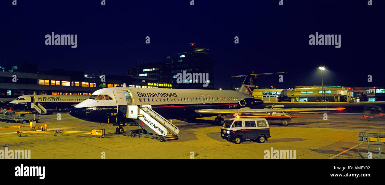 Manchester Airport evening British Airways mail carrying aircraft on Apron outside Terminal 1 Stock Photo