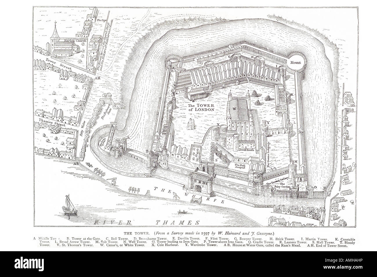 1597 tower arial plan view river thames London Greater capital England English Britain British UK United Kingdom GB Great exteri Stock Photo