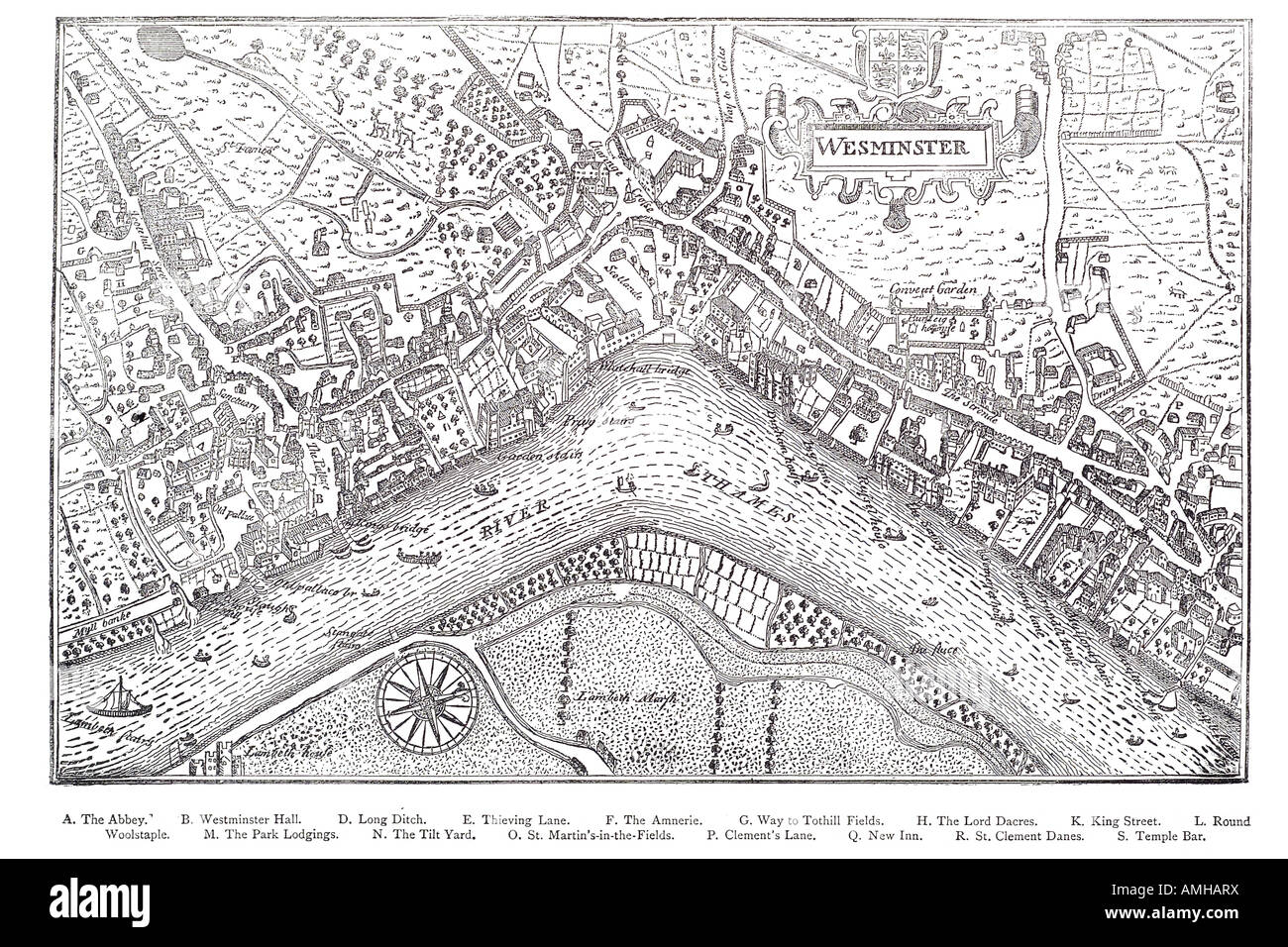 1593 plan Westminster map cartographic river Thames London Greater capital city England English Britain British UK United Kingdo Stock Photo