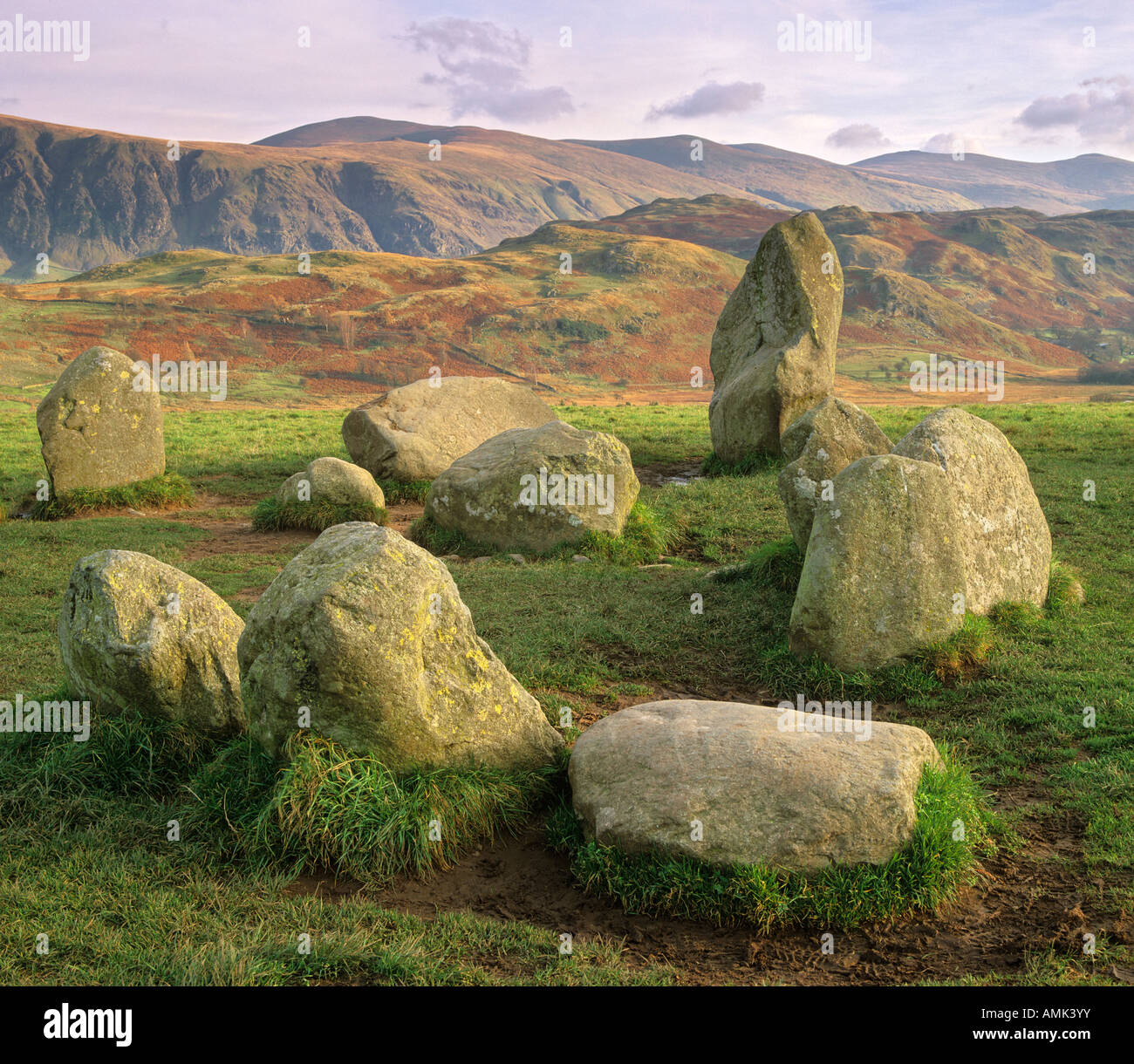 A section of Castlerigg stone circle high over Derwent Water and near the town of Keswick in Cumbrias Lake Distict Stock Photo