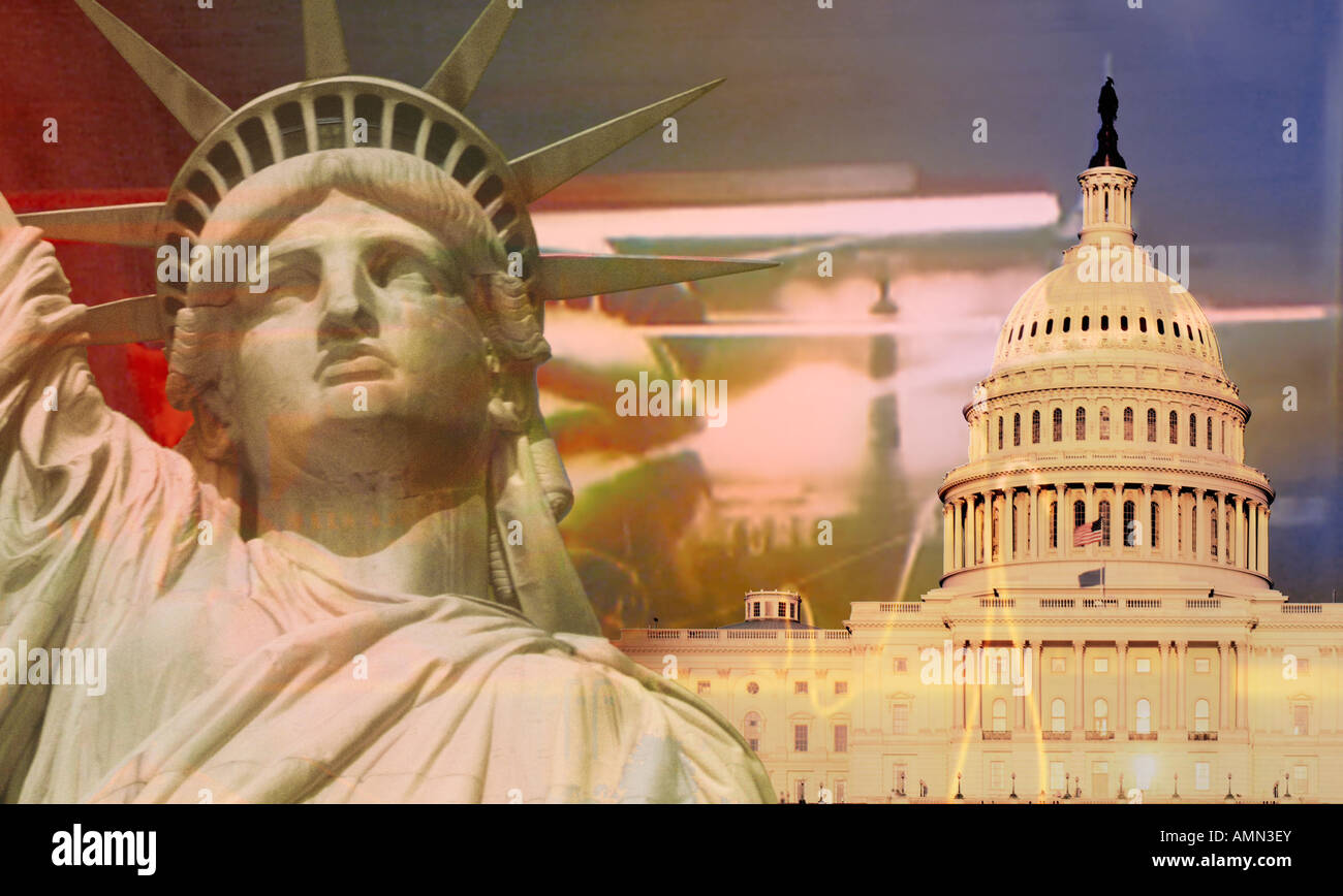 Composite image of the Statue of Liberty and U.S. Capitol with American flag Stock Photo