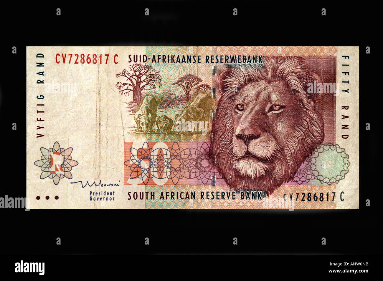 A Fifty Rand South African note against a black background. Stock Photo