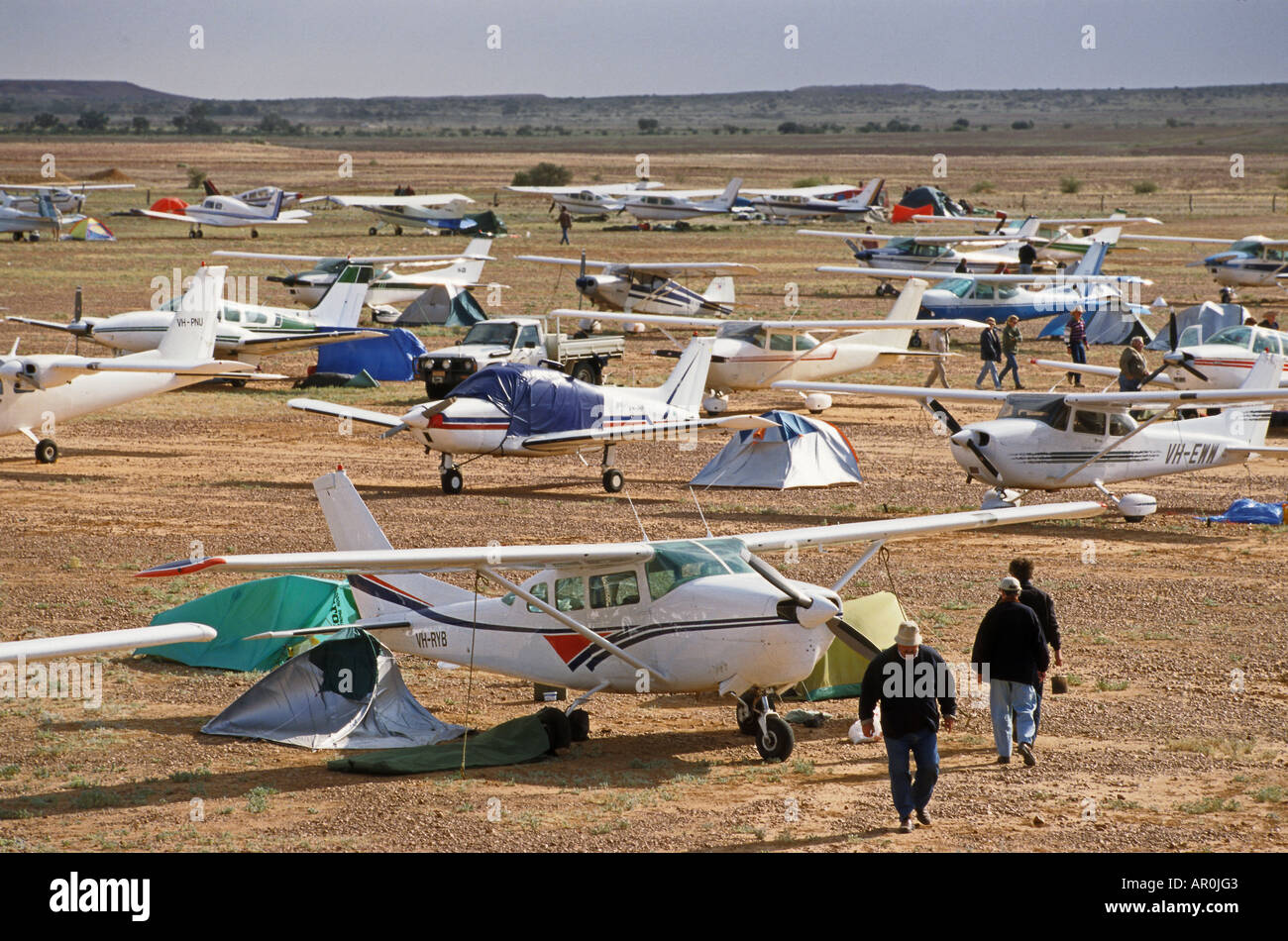 Airfield with airplains, annual horse races, Birdsville, Queensland, Australia Stock Photo