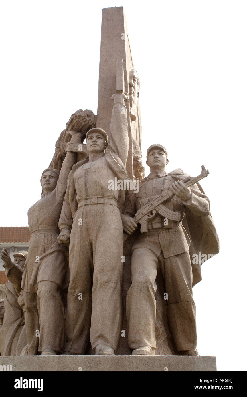 This statue of soldiers, sailors and Chinese people is the Tianamen Square Monument and stands in front of Mao's mausoleum. Stock Photo