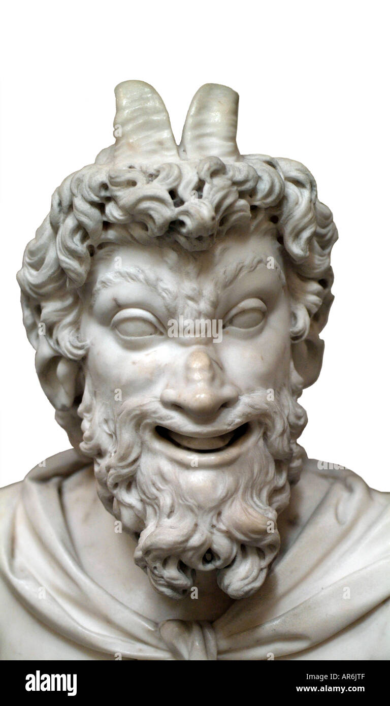 Pan Greek god goat horn head shoulder bust curly curl beard hair white marble carve expression expressive open mouth Stock Photo