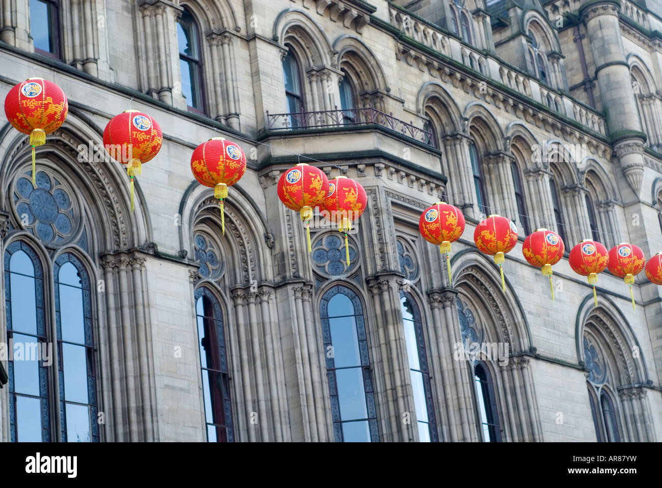 Chinese lanterns Decoration outside Manchester Town Hall UK Stock Photo