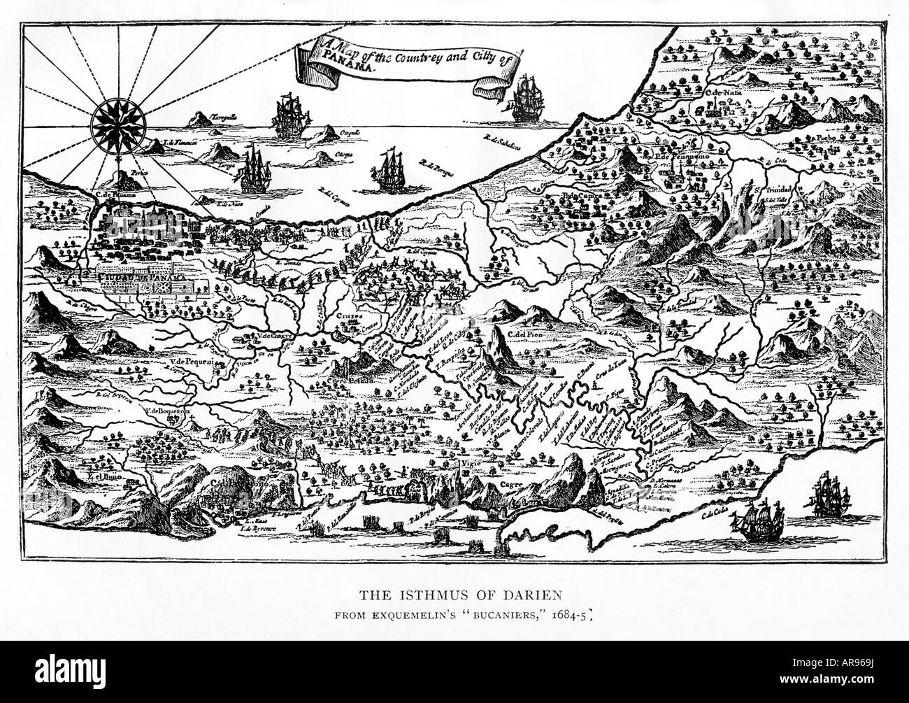 Isthmus of Darien 1668 map of Panama from East to West the route of Henry Morgan and his pirates from Porto Bello Stock Photo