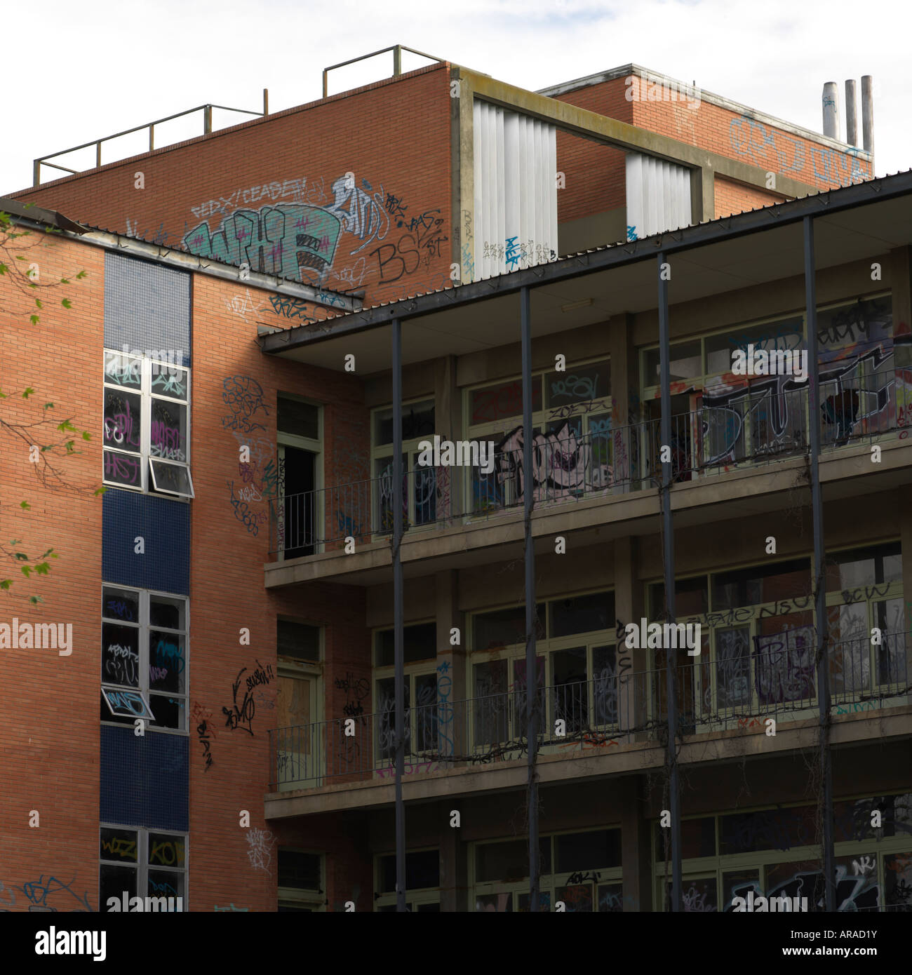 destroyed hospital with graffiti- the victim of government funding cuts and youth crime Stock Photo