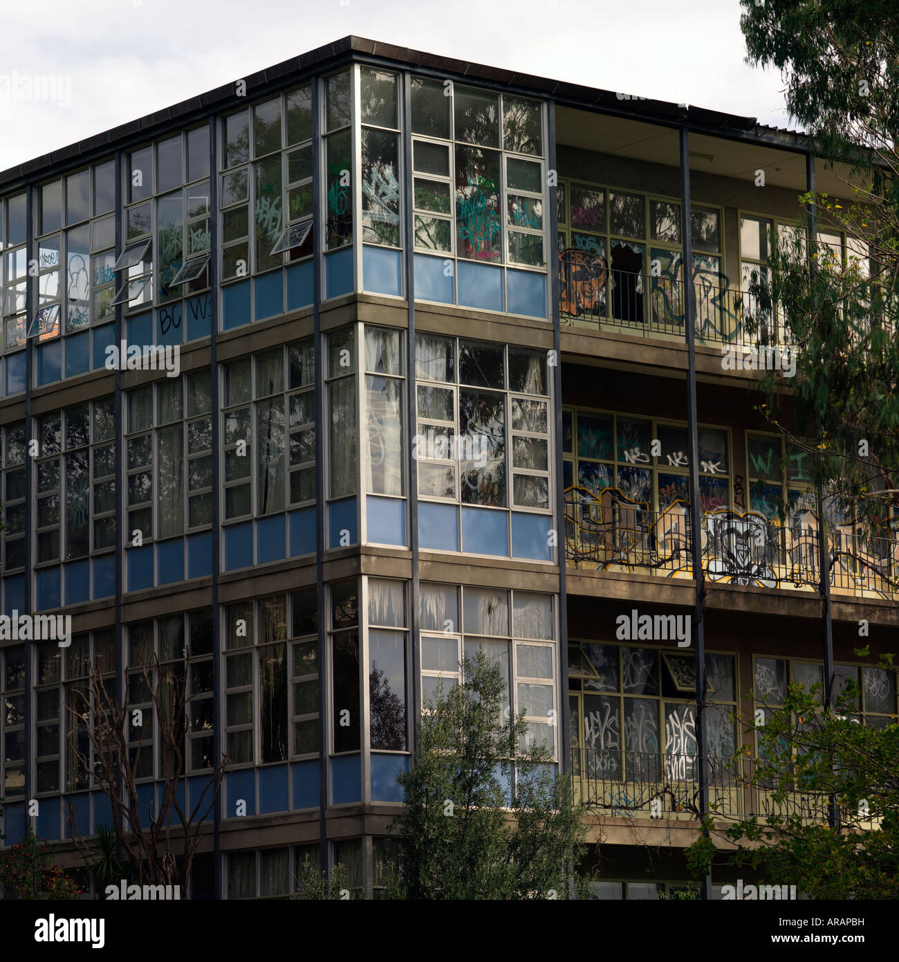 destroyed hospital with graffiti- the victim of government funding cuts and youth crime Stock Photo