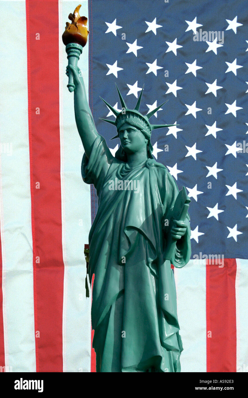 Statue of Liberty New York in Front of American Flag Stock Photo