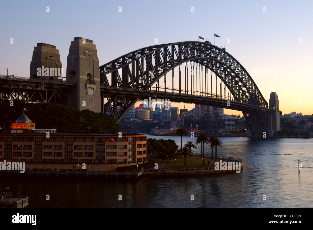 Sydney Harbour Bridge and The Park Hyatt Hotel at sunrise, Sydney, New South Wales, Australia Stock Photo