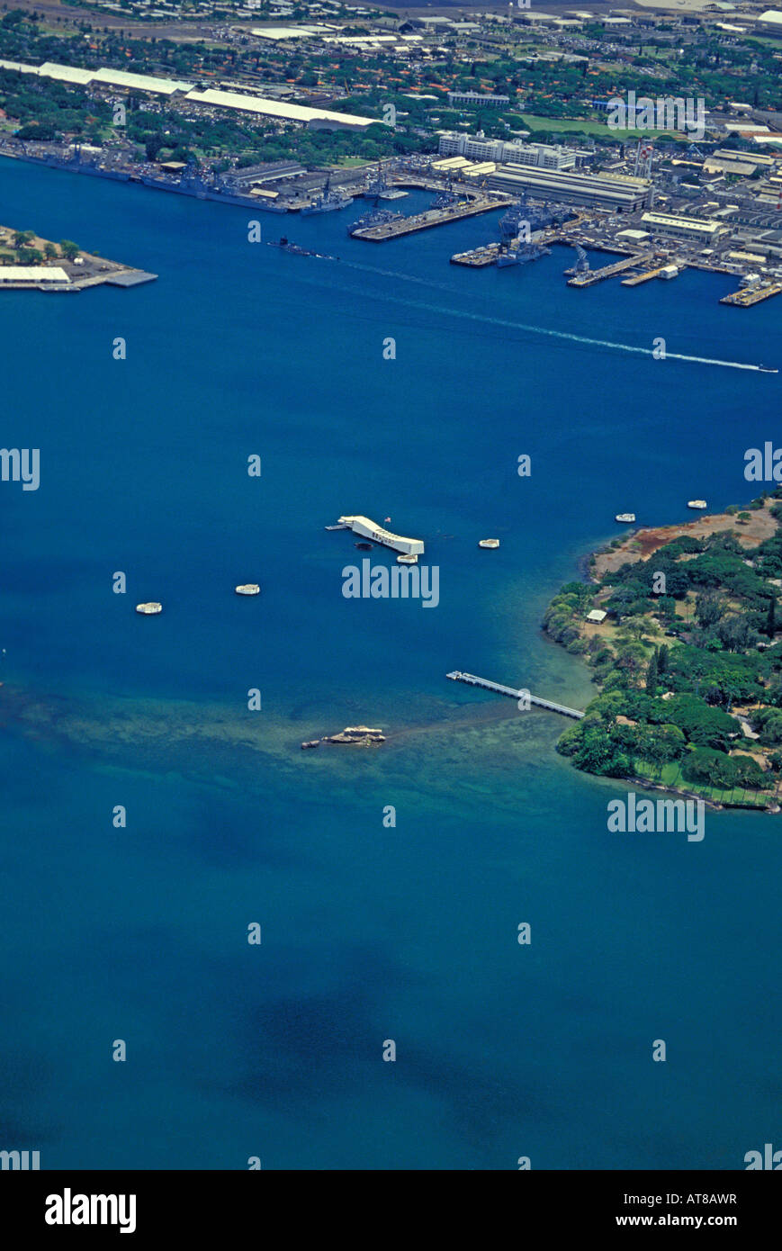 Vertical aerial shot of Pearl Harbor with the Arizona Memorial in the ...