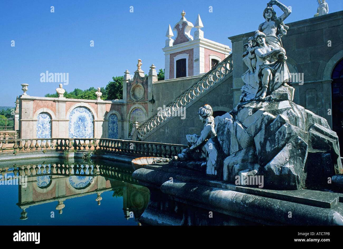 Statues and a pond in the grounds of the Palacio de Estoi a rococo structure built in the late 18th century Stock Photo