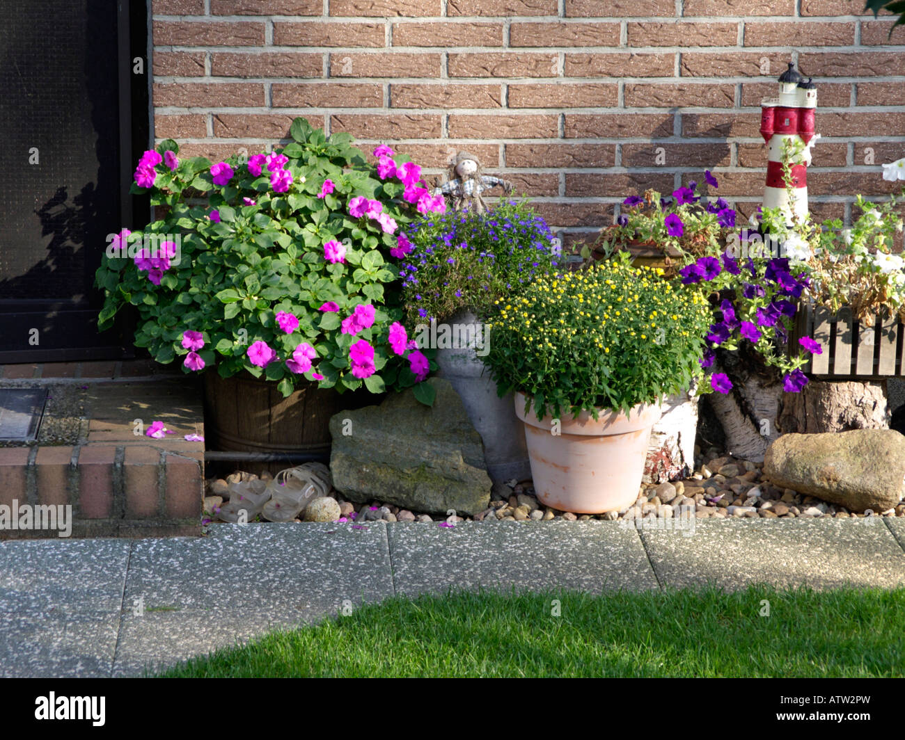 Buzy Lizzie (Impatiens walleriana), lobelias (Lobelia), petunias (Petunia) and chrysanthemums (Chrysanthemum) Stock Photo