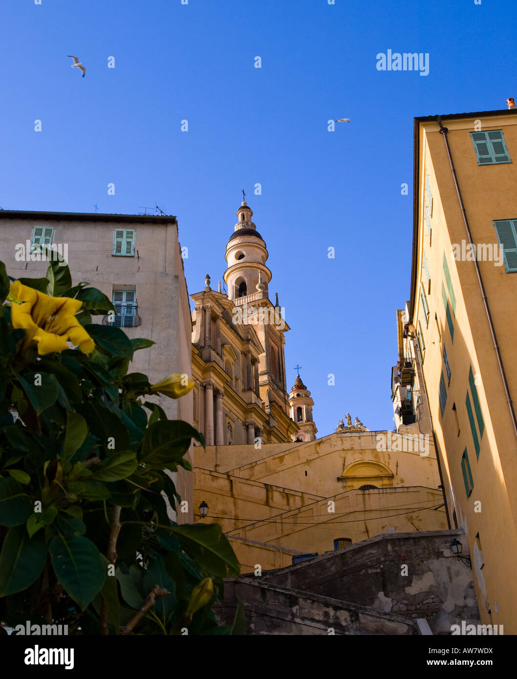 A view of the grand Église St-Michel (Church of St. Michael) in Menton, France. Stock Photo