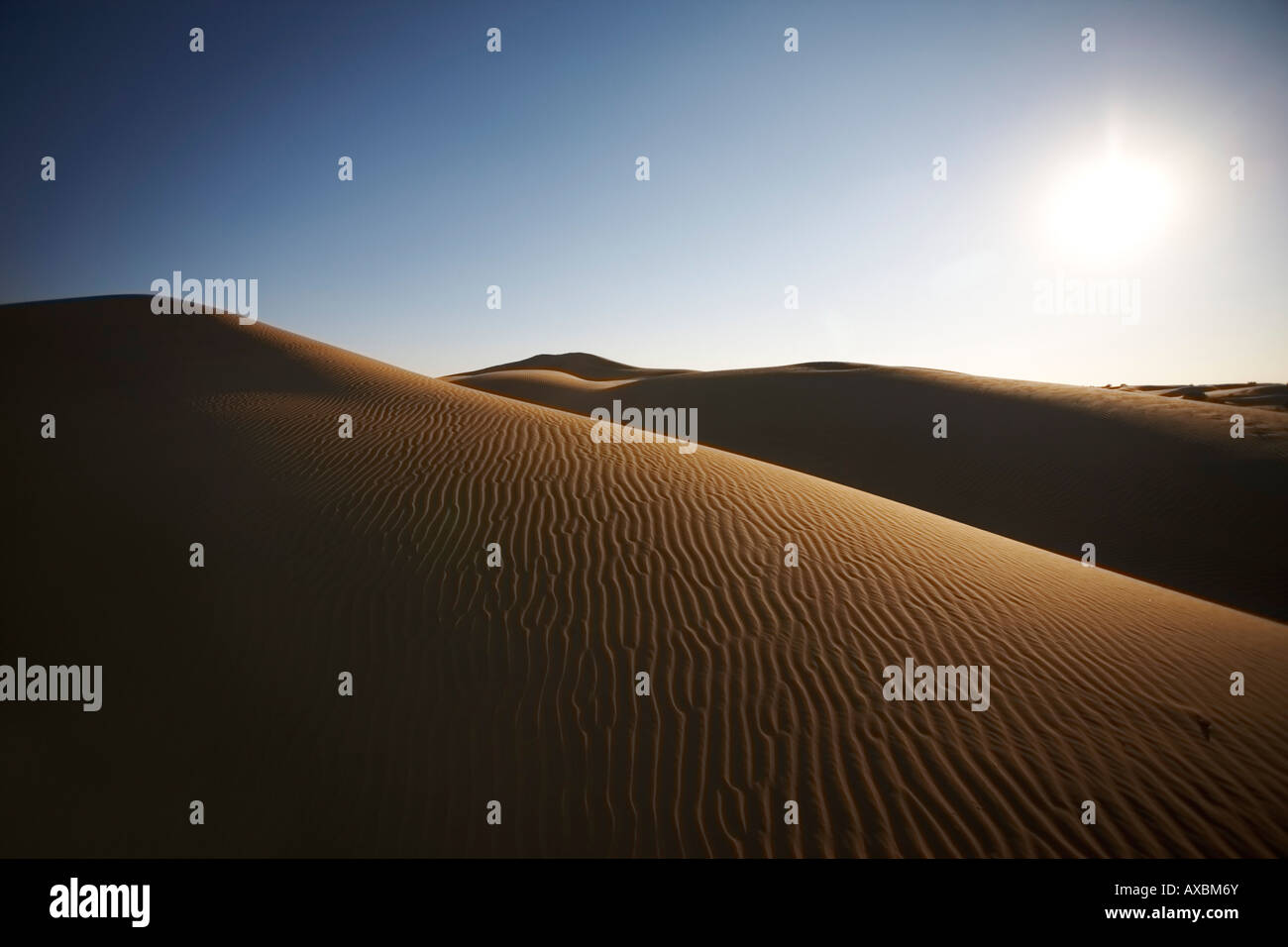 A wide-angle view of the sun on a desert horizon highlighting the contours of some sand dunes. Stock Photo