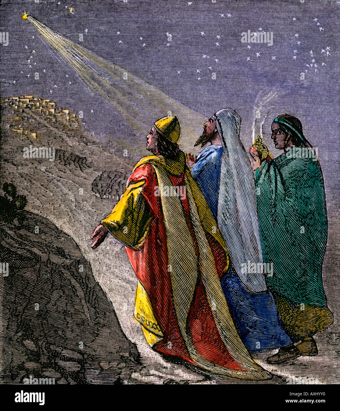 Three kings following the star to worship the baby Jesus. Hand-colored woodcut Stock Photo