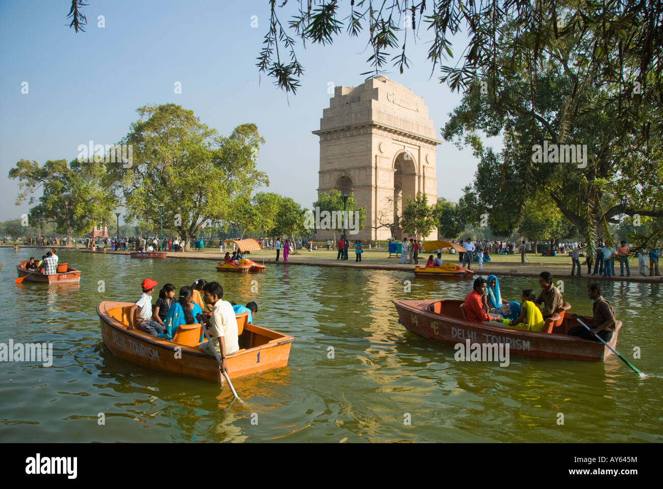 People on a boating lake by India Gate in Delhi in India Stock Photo