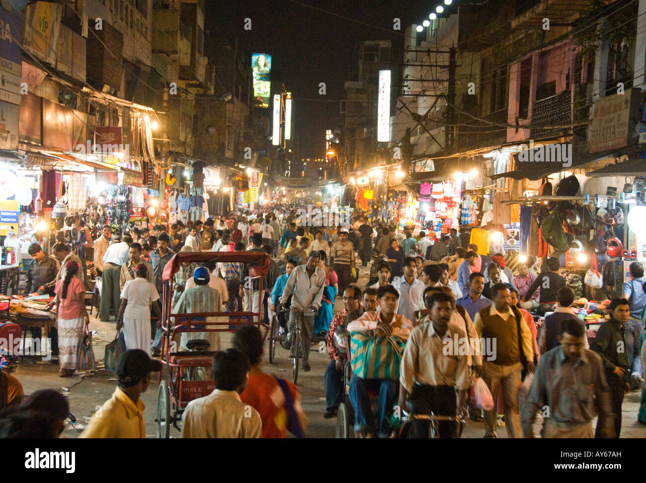 Main street in Paharganj with market and bazaar in Delhi in India Stock Photo