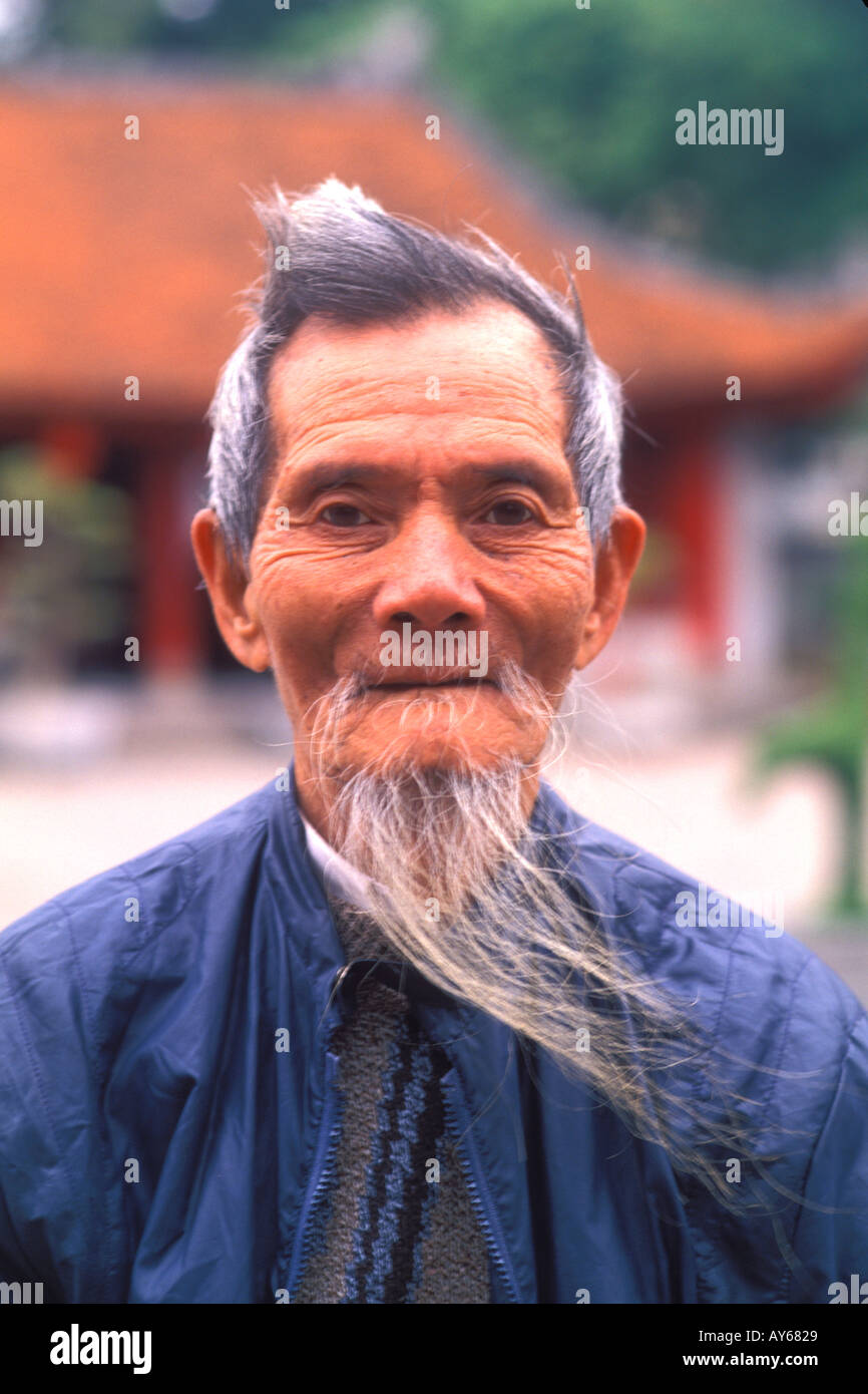 Wonderful Portrait of a old man with White Beard Hanoi Van Mieu Vietnam Stock Photo