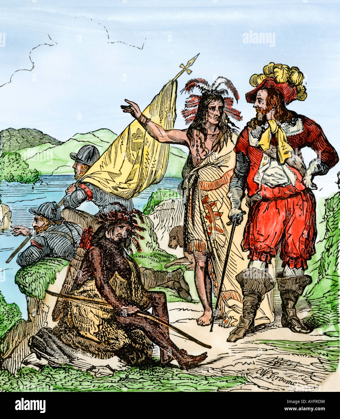 Hernando de Soto discovering the Mississippi River after an overland journey 1540. Hand-colored woodcut Stock Photo