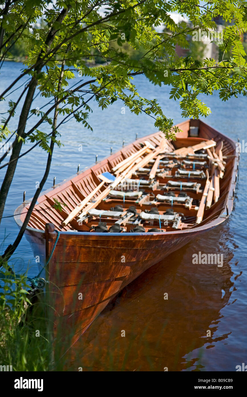 Wooden old fashioned boat used in the traditional 'Tervasoutu' event. Boat model mimics old boats used to transport tar barrels Oulu, Finland Stock Photo