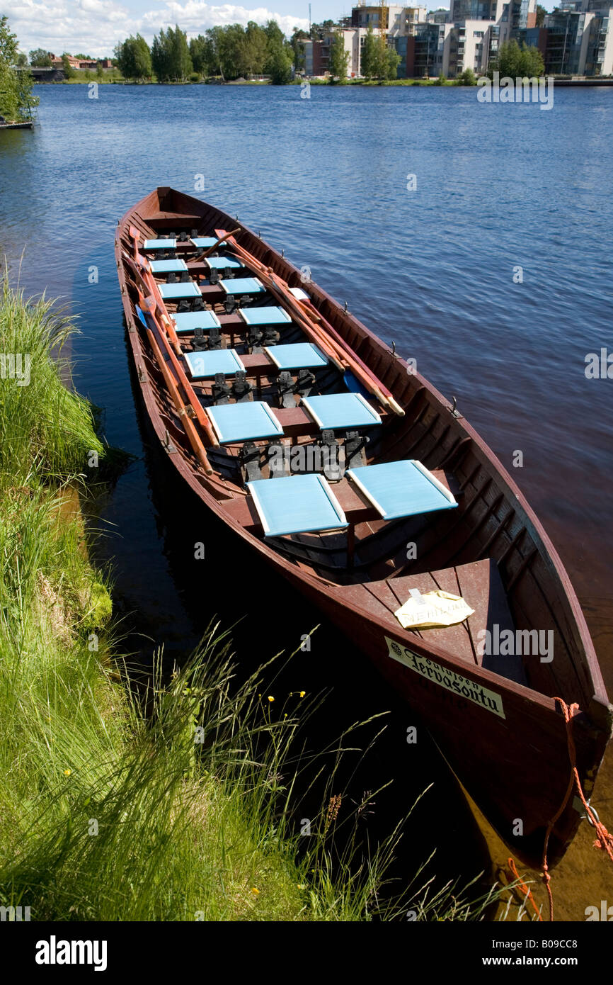 Wooden old fashioned boat used in the traditional 'Tervasoutu' event. Boat model mimics old boats used to transport tar barrels Oulu, Finland Stock Photo