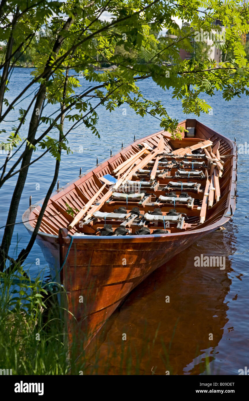 Wooden old fashioned boat used in the traditional 'Tervasoutu' event. Boat model mimics old boats used to transport tar barrels Oulu, Finland Stock Photo