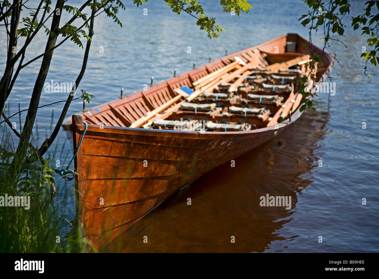 Wooden old fashioned boat used in the traditional 'Tervasoutu' event. Boat model mimics old boats used to transport tar barrels Oulu, Finland Stock Photo