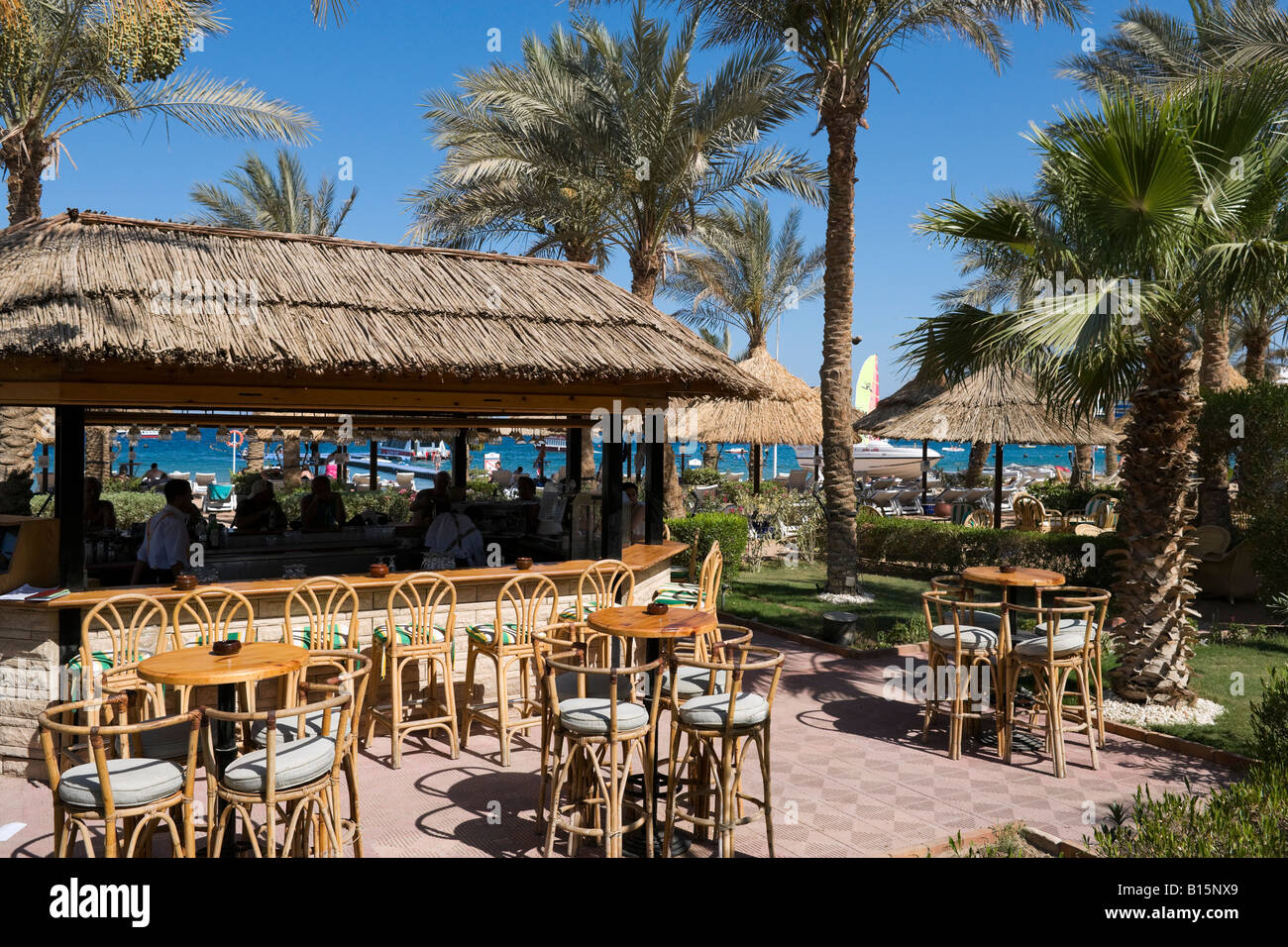 Beach Bar on the Corniche, Naama Bay Beach, Sharm el-Sheikh, Red Sea Coast, South Sinai, Egypt Stock Photo