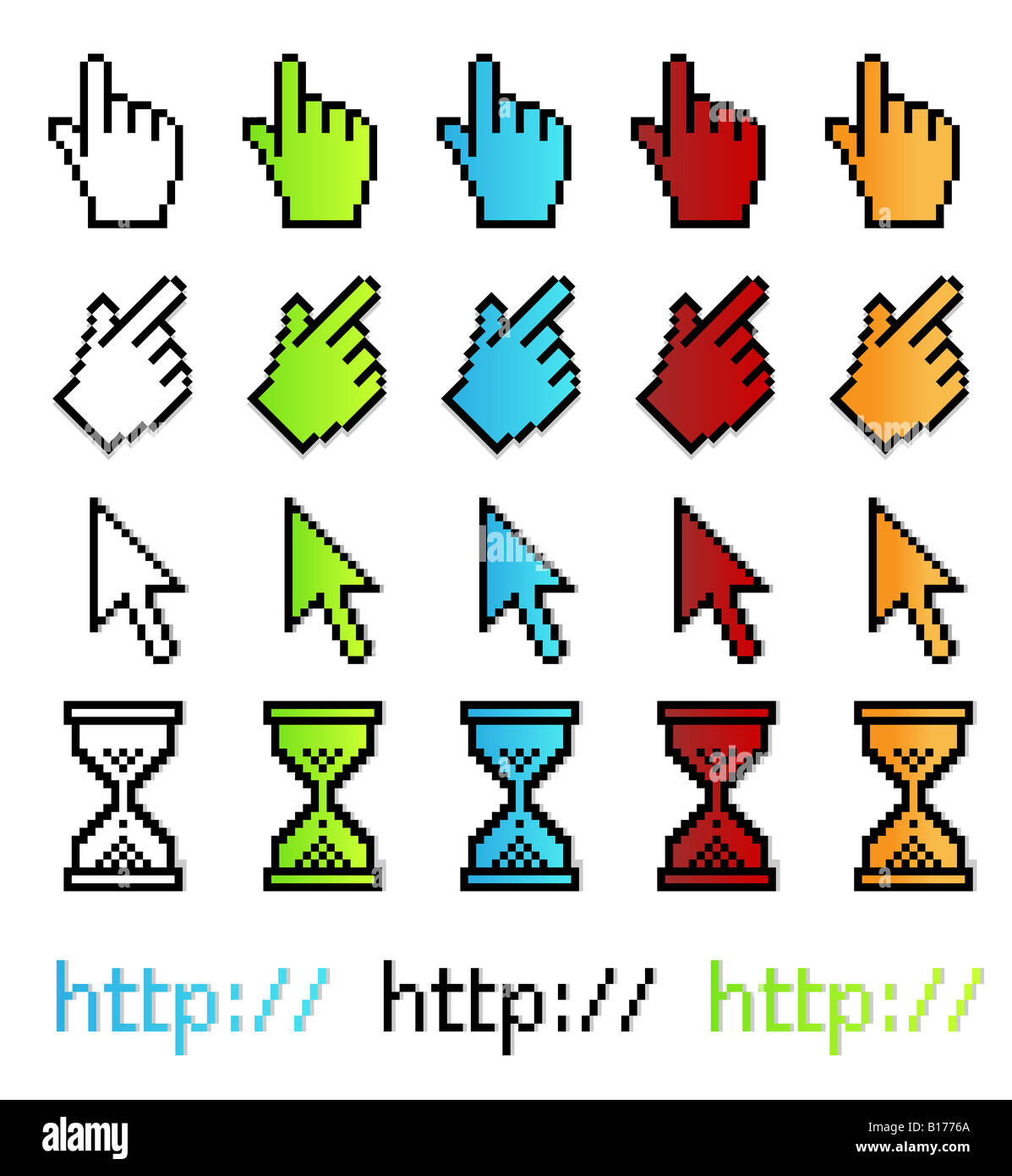 Vector illustration of different computer pointer graphics in enlarged pixel proportions Stock Photo