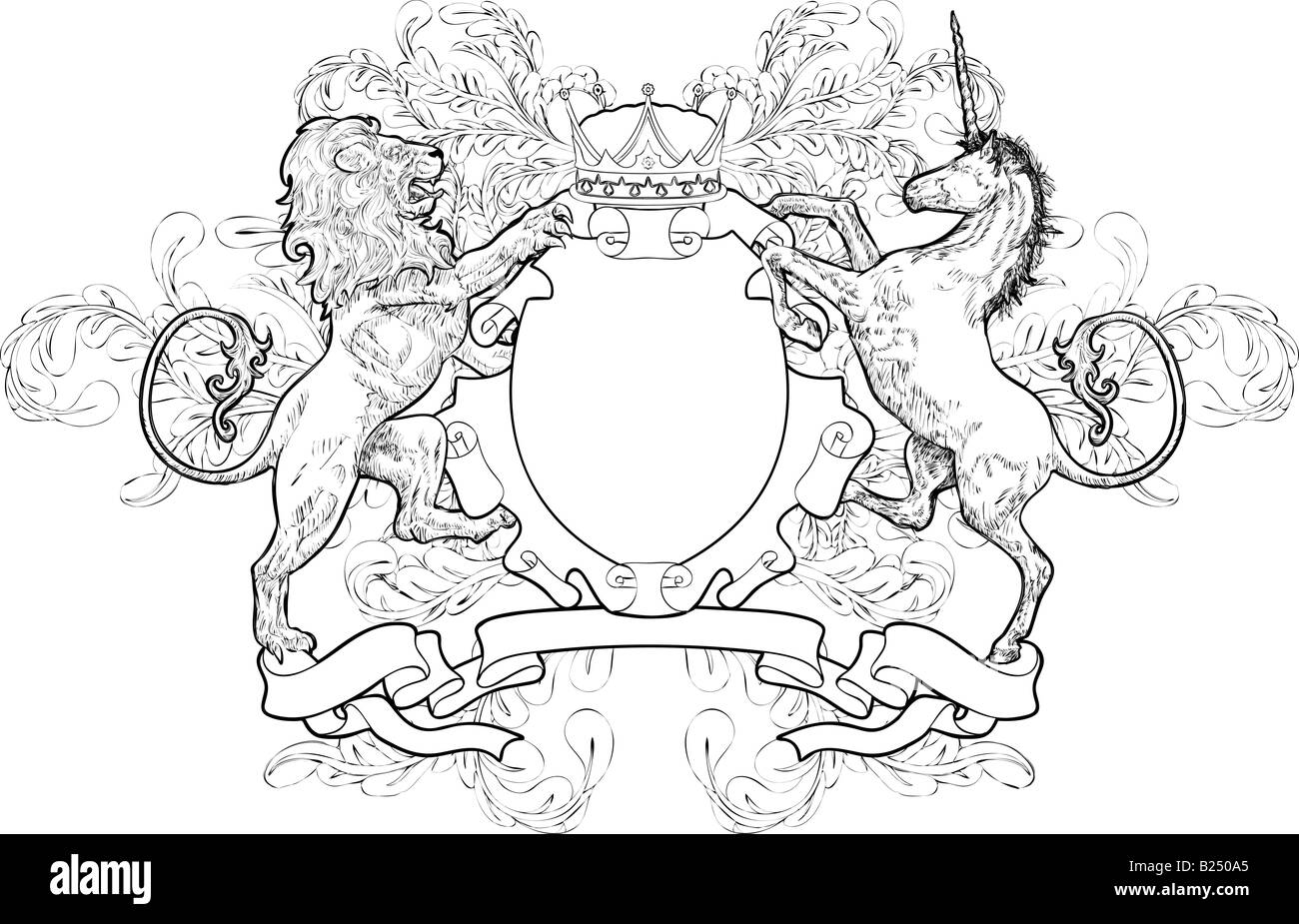 Monochrome Lion and Unicorn Coat of Arms. A black and white shield coat of arms element featuring a lion, unicorn and crown Stock Photo